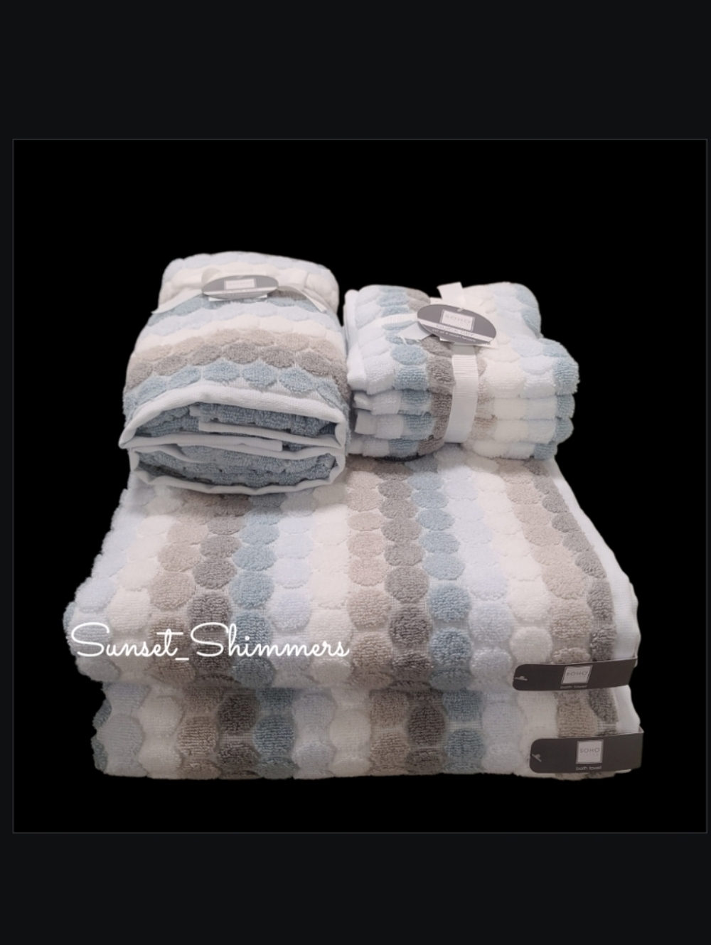 8pc Soho Living Bath Hand Washcloth Towel Set Striped Dot Blue Gray White New - Picture 7 of 7
